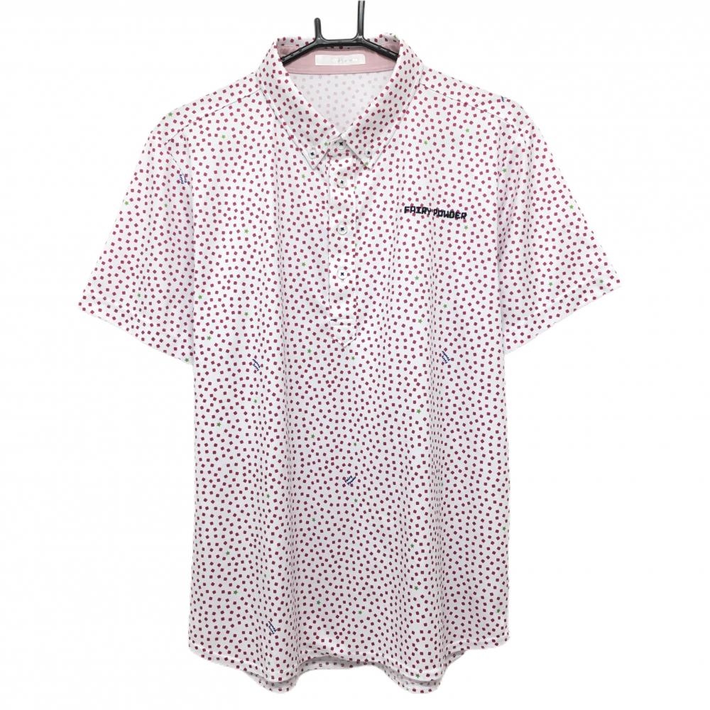 【超美品】フェアリーパウダー 半袖ポロシャツ 白×ピンク 総柄 ボタンダウン メンズ 3(L) ゴルフウェア FAIRY POWDER