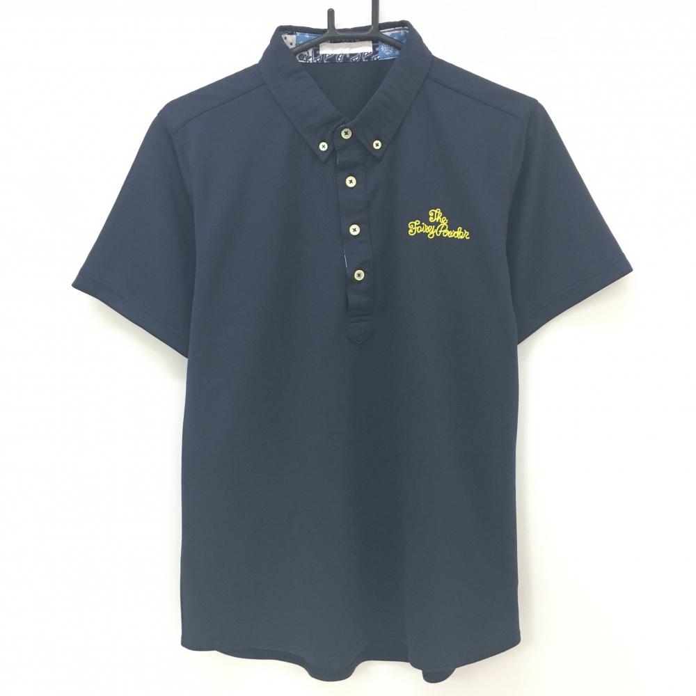 【美品】フェアリーパウダー 半袖ポロシャツ ネイビー 前立て内側総柄 ロゴイエロー ボタンダウン メンズ 3(Ｌ) ゴルフウェア FAIRY POWDER
