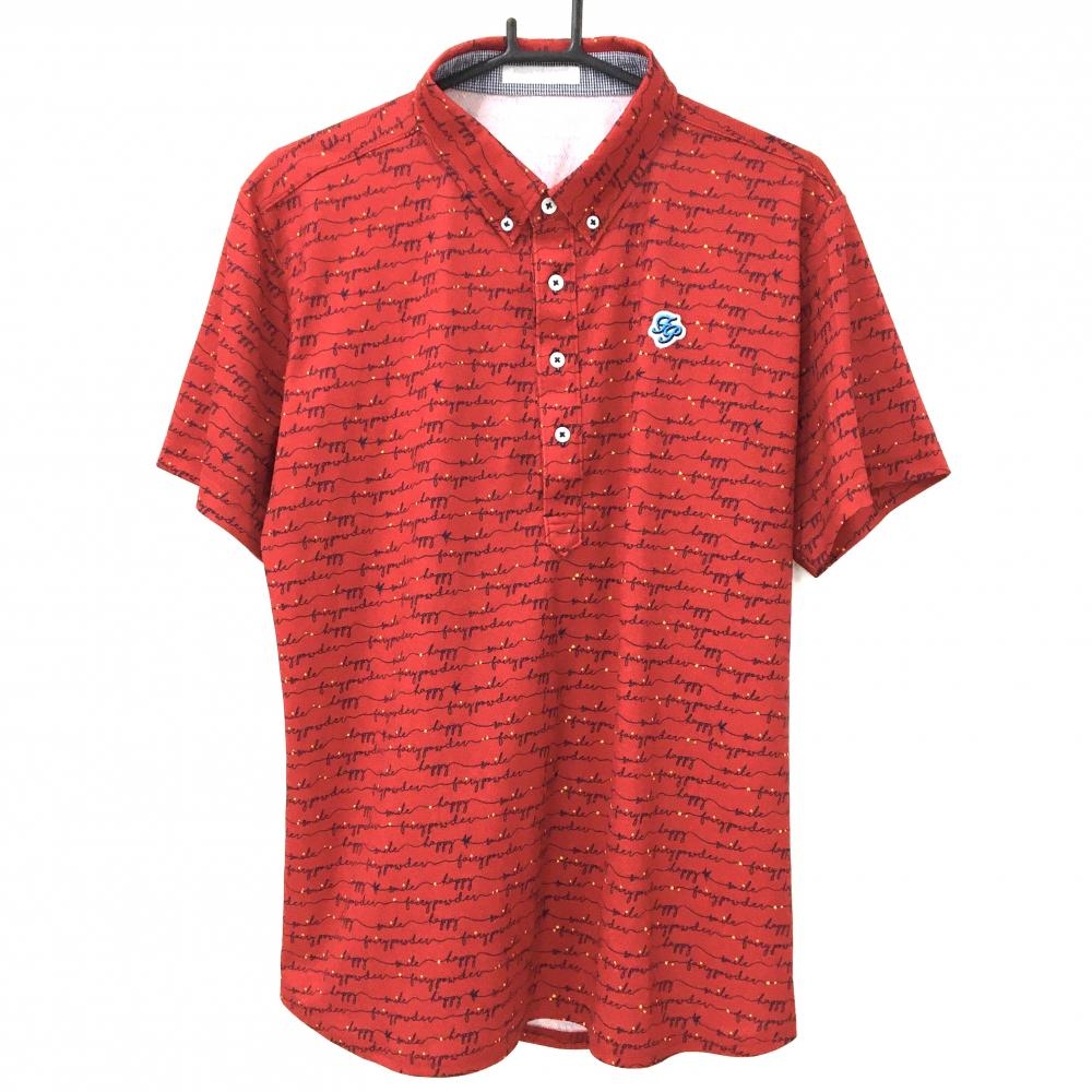 【美品】フェアリーパウダー 半袖ポロシャツ レッド×黒 ロゴ総柄 ボタンダウン メンズ 4(XL) ゴルフウェア FAIRY POWDER