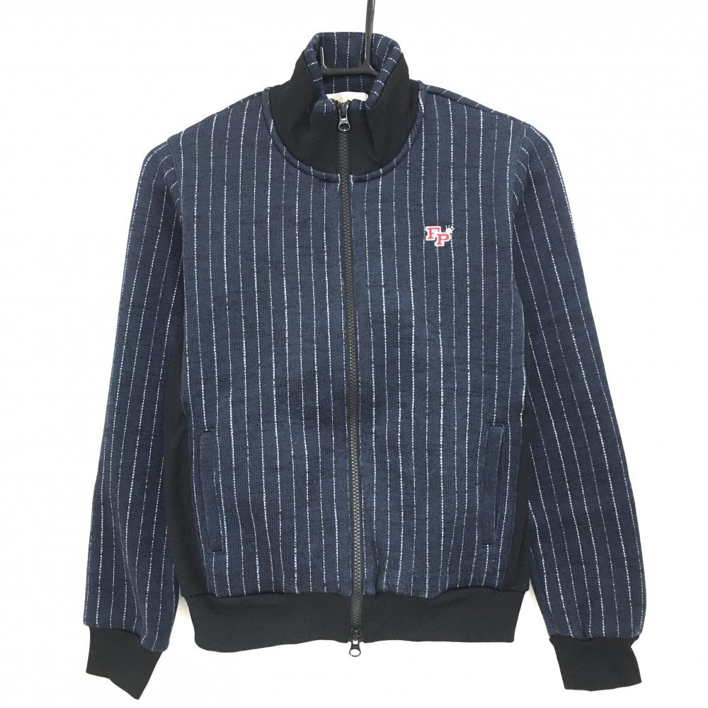 【超美品】フェアリーパウダー ニットジャケット ネイビー×白×黒 ストライプ 裏起毛  レディース 3(L) ゴルフウェア FAIRY POWDER