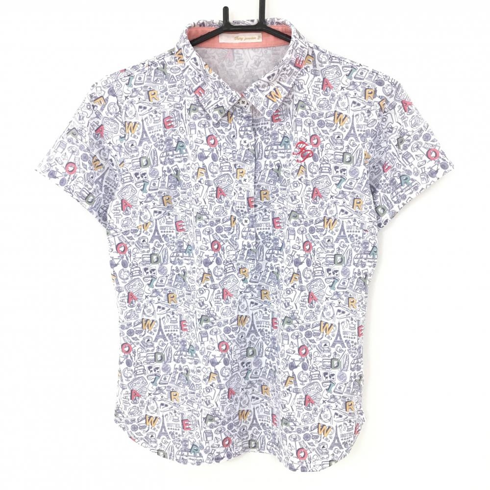 【美品】フェアリーパウダー 半袖ポロシャツ 白×ネイビー 総柄 ロゴ刺しゅう  レディース 2(M) ゴルフウェア FAIRY POWDER
