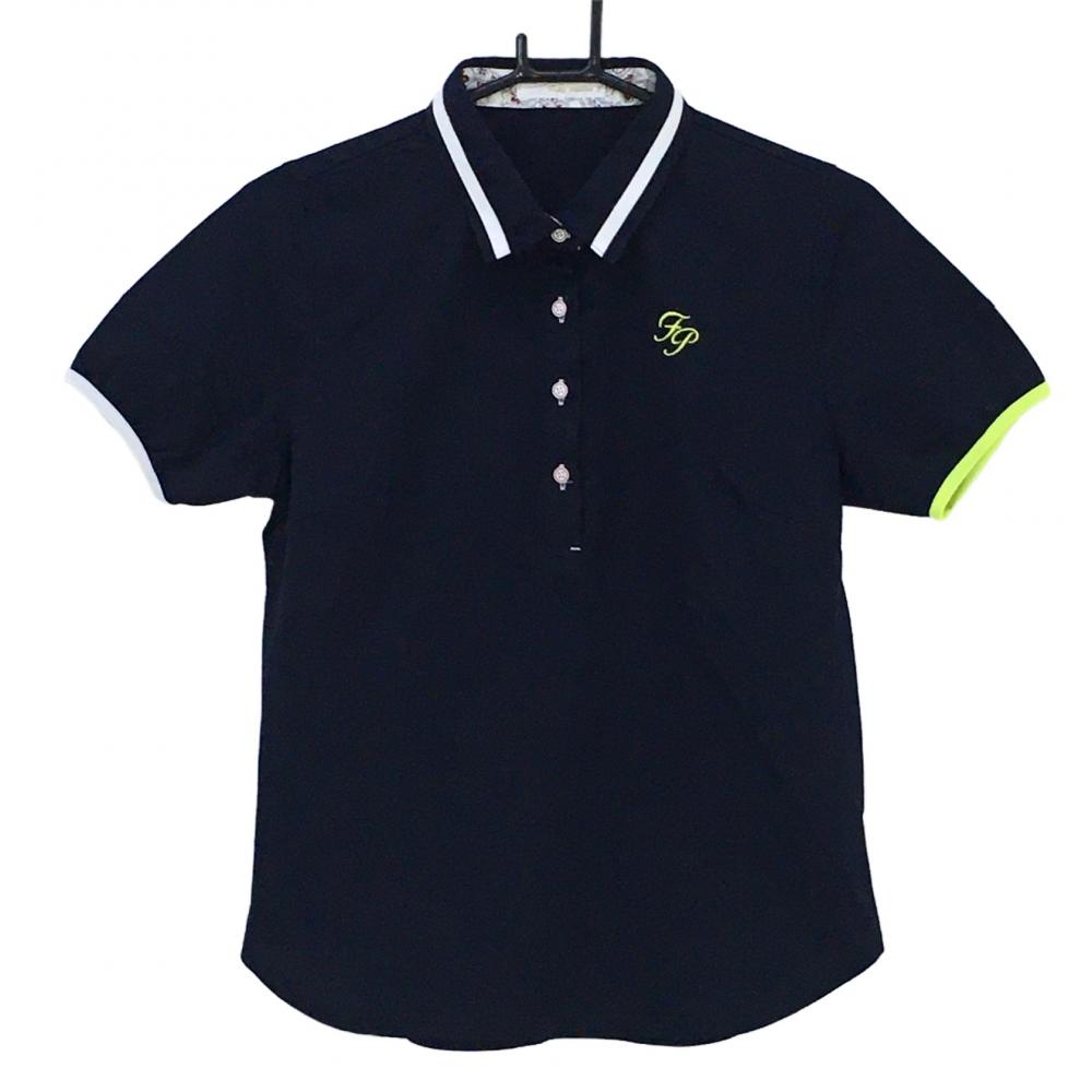 【美品】フェアリーパウダー 半袖ポロシャツ ネイビー イエロー刺しゅう 襟ライン パフスリーブ  レディース S ゴルフウェア FAIRY POWDER