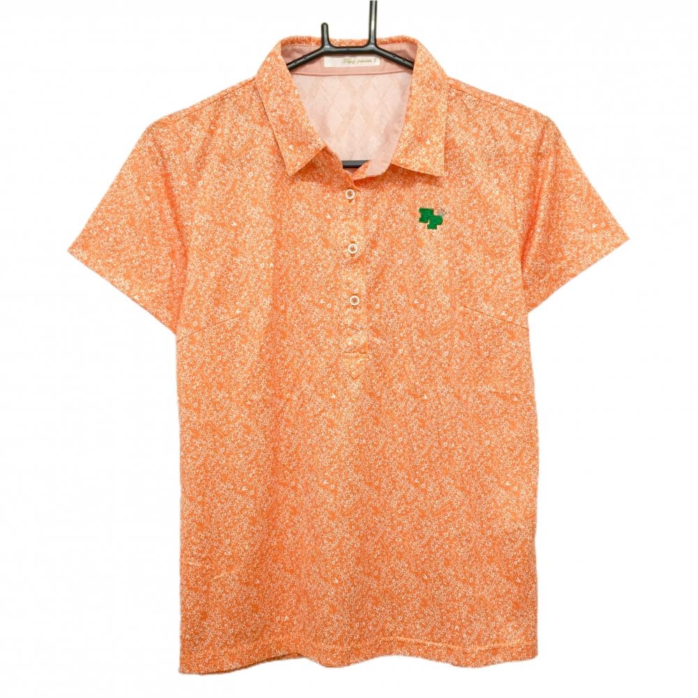 【超美品】フェアリーパウダー 半袖ポロシャツ オレンジ×白 総柄 胸ロゴ刺しゅう レディース 3(L) ゴルフウェア FAIRY POWDER