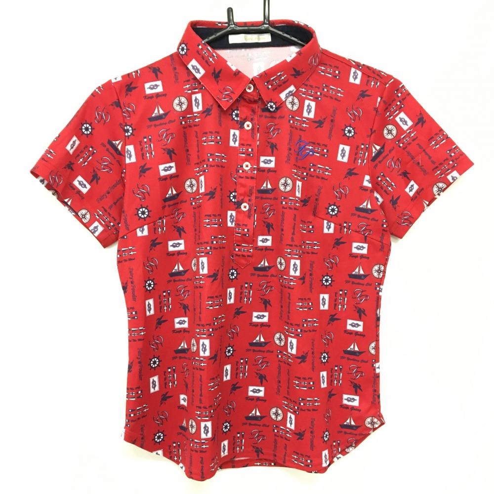 【美品】フェアリーパウダー 半袖ポロシャツ レッド×ネイビー 総柄 ラインストーン レディース 3(L) ゴルフウェア FAIRY POWDER