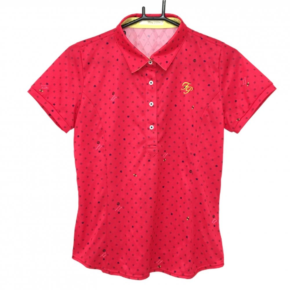 【超美品】フェアリーパウダー 半袖ポロシャツ レッド系×ネイビー系 総柄 ダイヤ柄地毛様 レディース 3(L) ゴルフウェア FAIRY POWDER