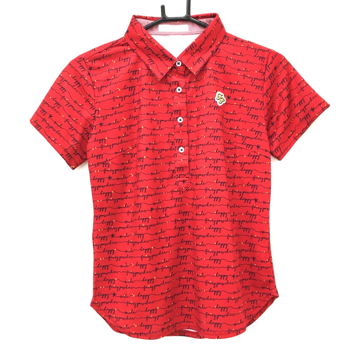 【新品】フェアリーパウダー 半袖ポロシャツ レッド×黒 ロゴ総柄 ワッペン  レディース 2(M) ゴルフウェア FAIRY POWDER