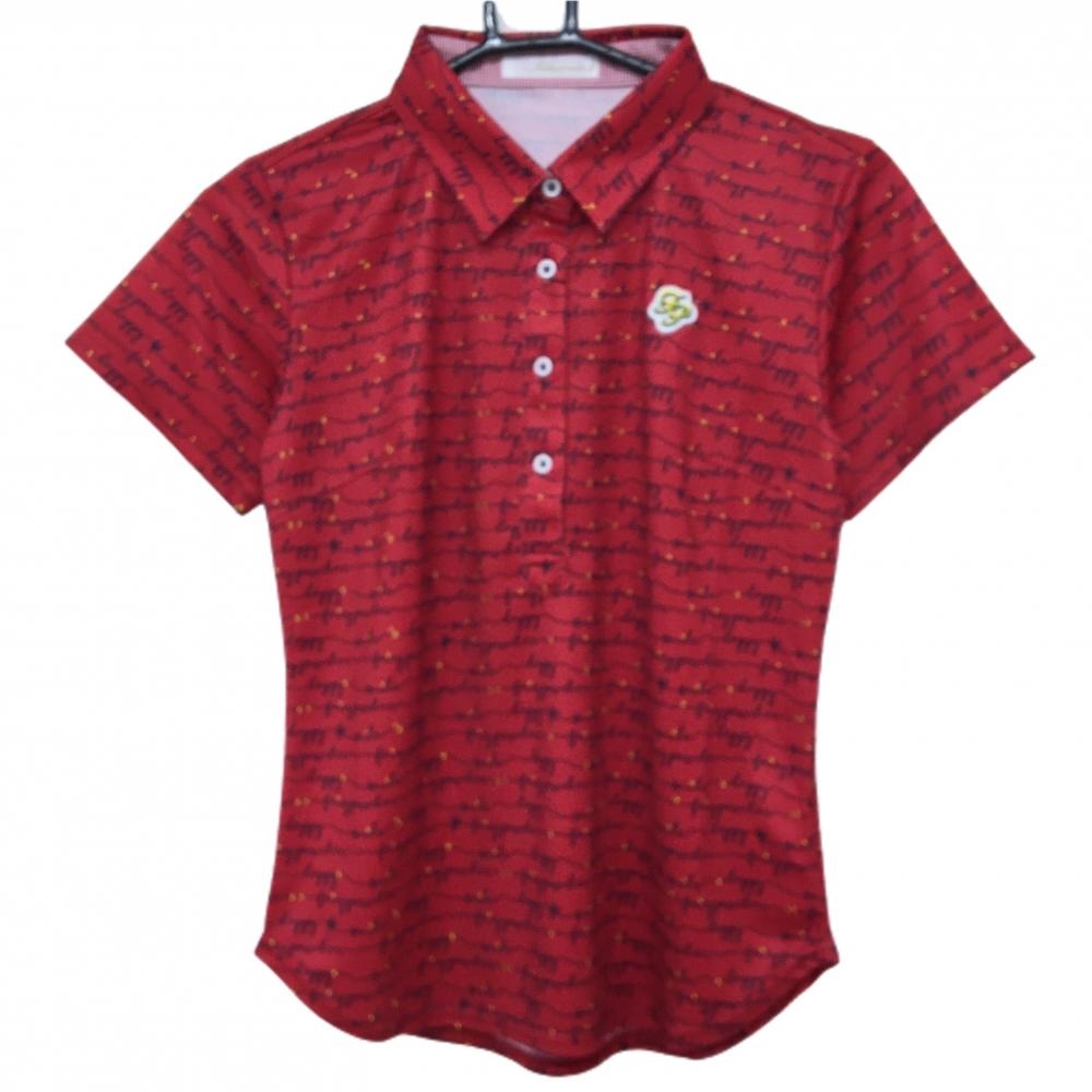 【新品】フェアリーパウダー 半袖ポロシャツ レッド×黒 ロゴ総柄 ワッペン  レディース 2(M) ゴルフウェア FAIRY POWDER
