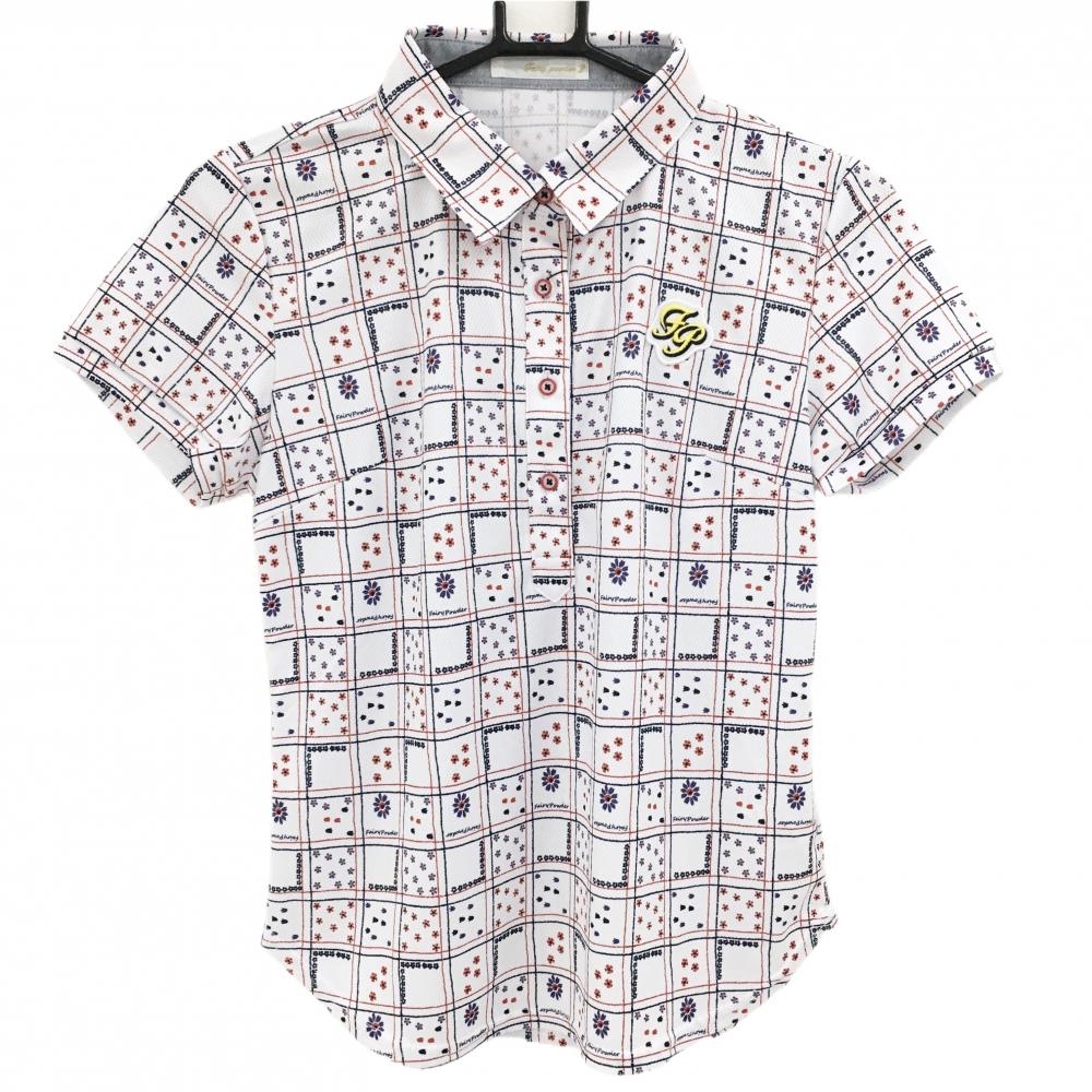 【新品】フェアリーパウダー 半袖ポロシャツ 白×レッド×ネイビー 小花スクエア総柄 ワッペン レディース 2(M) ゴルフウェア FAIRY POWDER