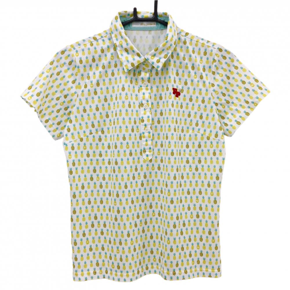 【美品】フェアリーパウダー 半袖ポロシャツ 白×イエロー系×ブルーグリーン系  レディース 3(L) ゴルフウェア FAIRY POWDER