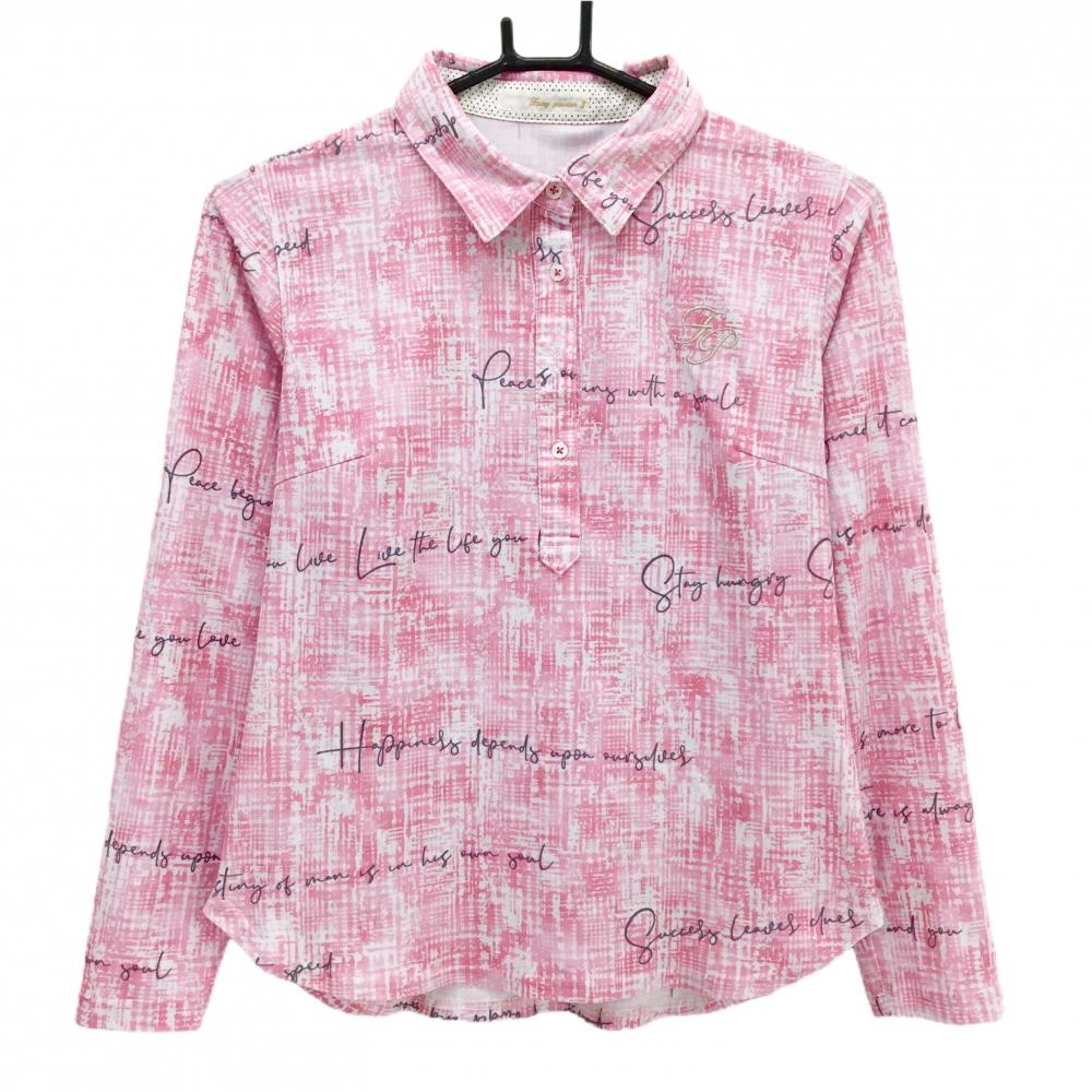 【美品】フェアリーパウダー 長袖ポロシャツ 白×ピンク×グレー 総柄 胸ロゴ刺しゅう  レディース 3(L) ゴルフウェア FAIRY POWDER