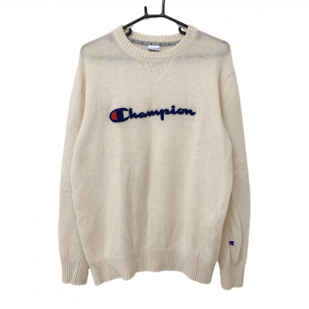 【超美品】チャンピオン セーター 白 フロントパイル地ロゴ ニット メンズ L ゴルフウェア Champion