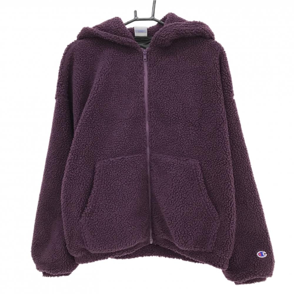 【超美品】チャンピオン ボアパーカー パープル 袖ロゴワッペン メンズ SMALL ゴルフウェア Champion