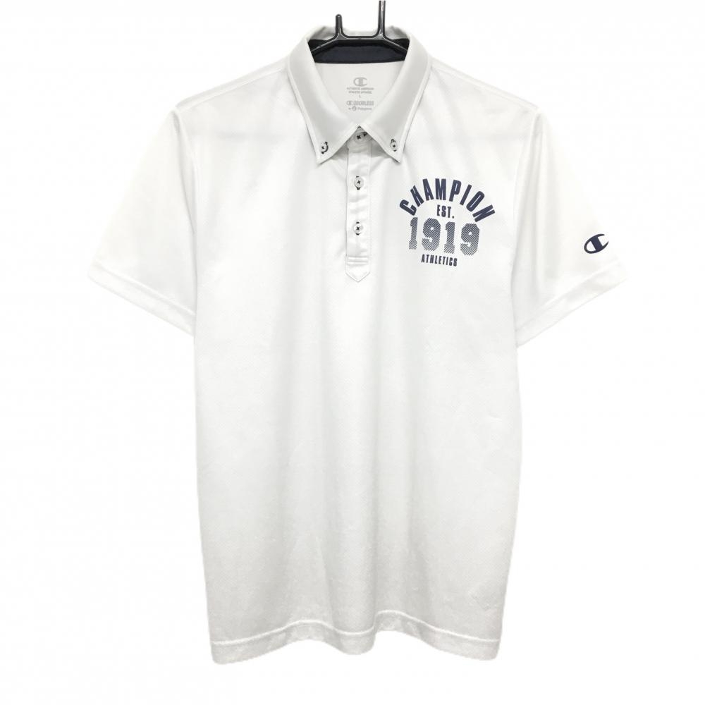 チャンピオン 半袖ポロシャツ 白×ネイビー 胸元プリント ボタンダウン  メンズ L ゴルフウェア Champion