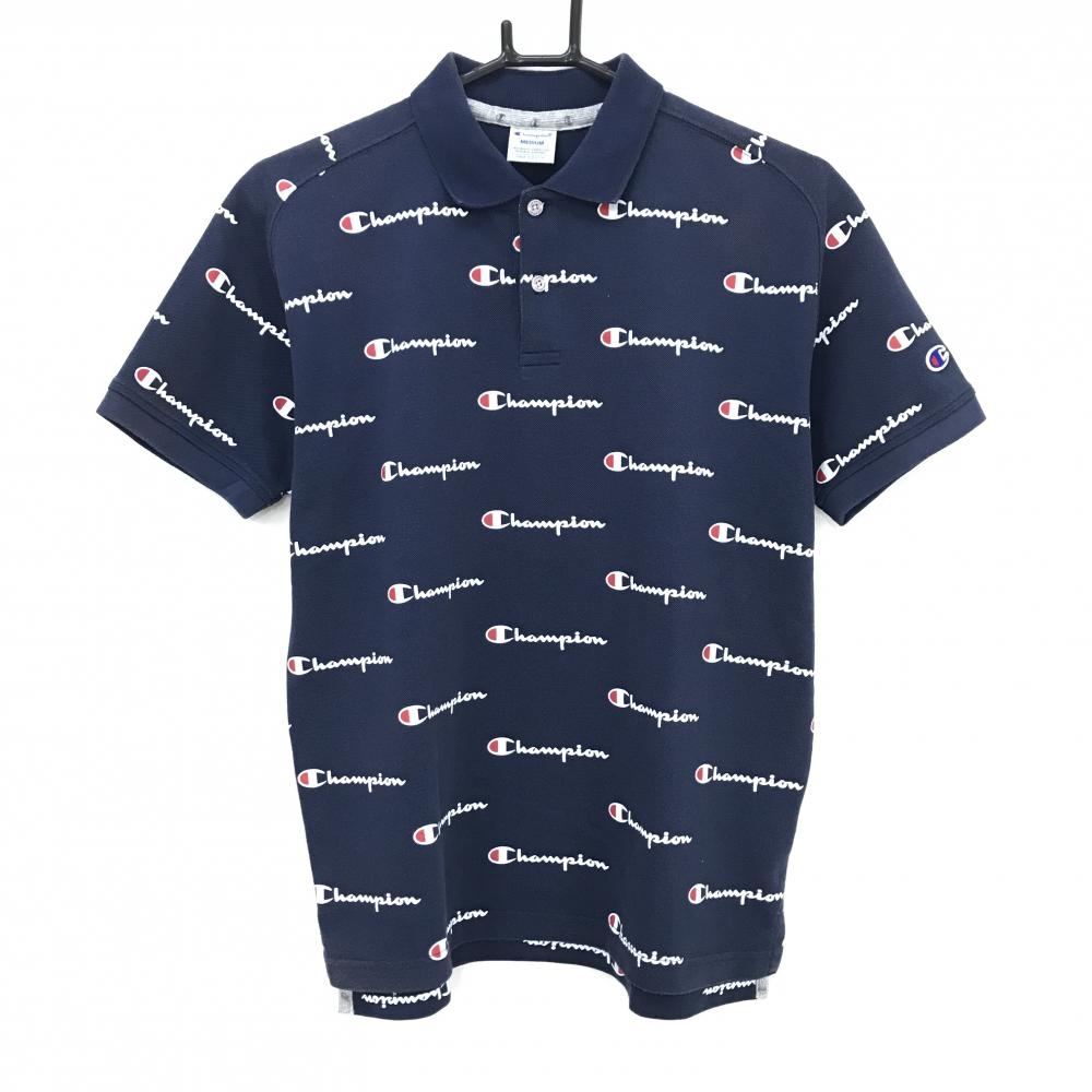 チャンピオン 半袖ポロシャツ ネイビー×白 ロゴ総柄  メンズ MEDIUM ゴルフウェア Champion