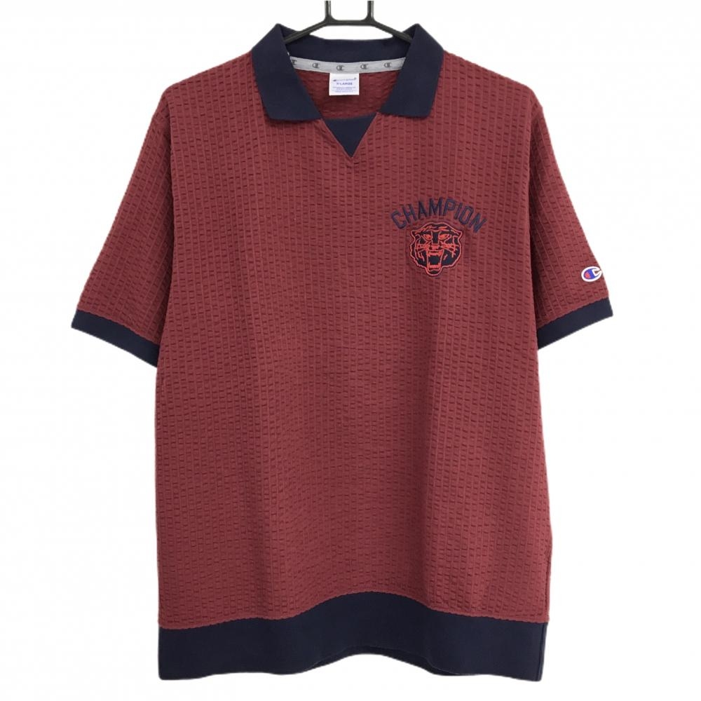 チャンピオン 襟付き半袖シャツ ボルドー×ネイビー 凹凸生地 タイガーワッペン メンズ X-LARGE ゴルフウェア Champion