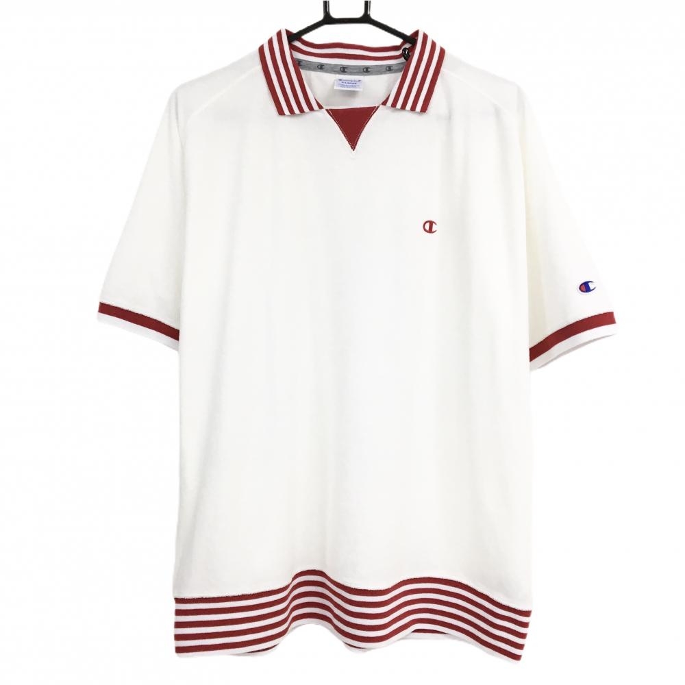 【美品】チャンピオン 襟付き半袖シャツ 白×レッド パイル地風 襟裾ボーダー メンズ X-LARGE ゴルフウェア Champion