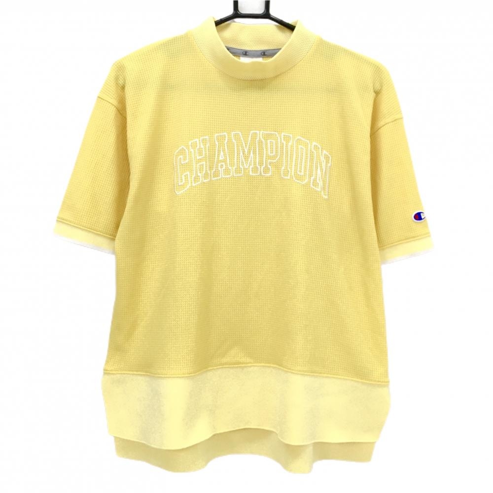 【超美品】チャンピオン 半袖ハイネックシャツ イエロー 織生地 ロゴ白 メンズ LARGE ゴルフウェア Champion
