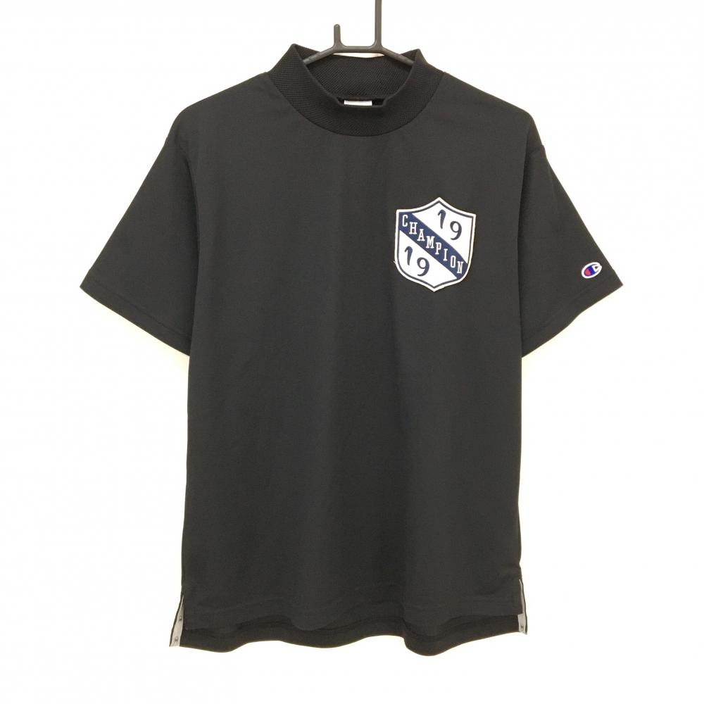 【超美品】チャンピオン 半袖ハイネックシャツ 黒 ワッペン ネック異素材 メンズ LARGE ゴルフウェア Champion