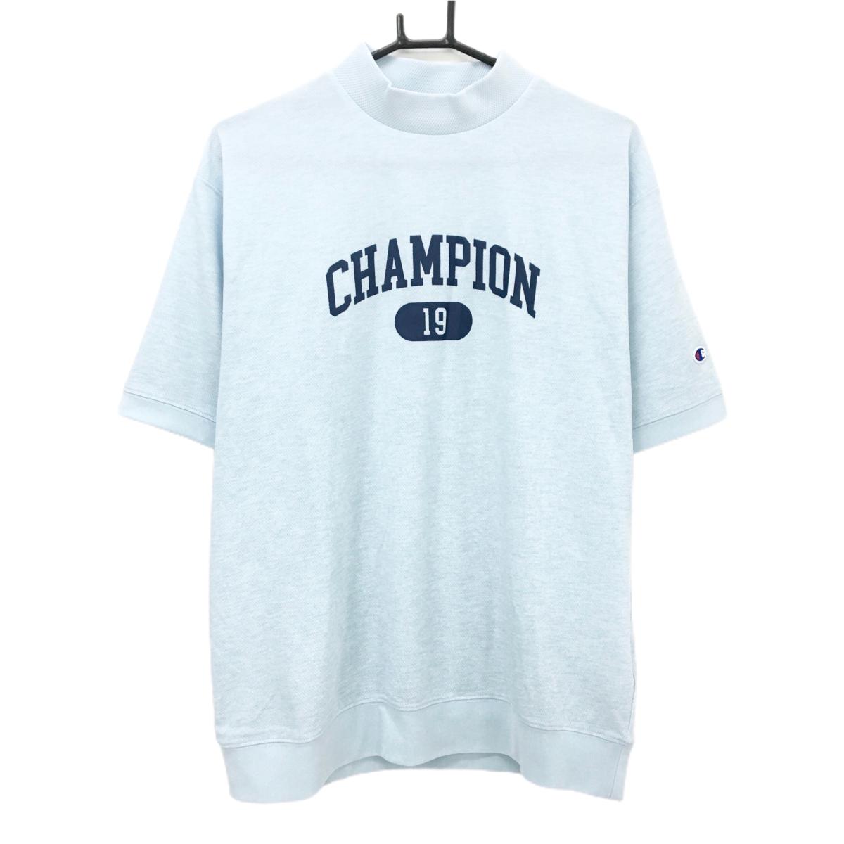 【美品】チャンピオン 半袖ハイネックシャツ ライトブルー系×ネイビー ロゴプリント  メンズ X-LARGE ゴルフウェア Champion