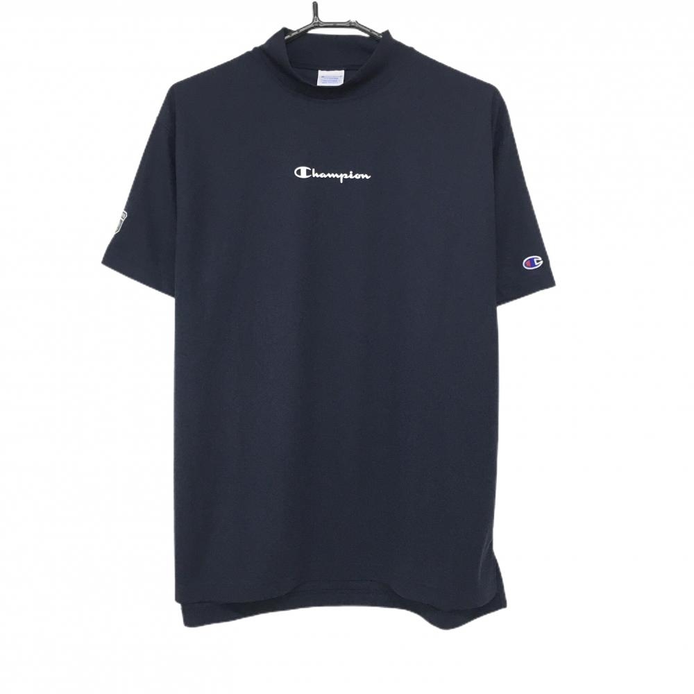 【超美品】チャンピオン 半袖ハイネックシャツ ネイビー×白 ロゴプリント メンズ X-LARGE ゴルフウェア Champion