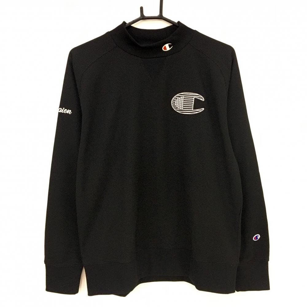 【超美品】チャンピオン 長袖ハイネックシャツ 黒×白 ワッフル風織生地 ネックロゴ メンズ LARGE ゴルフウェア Champion