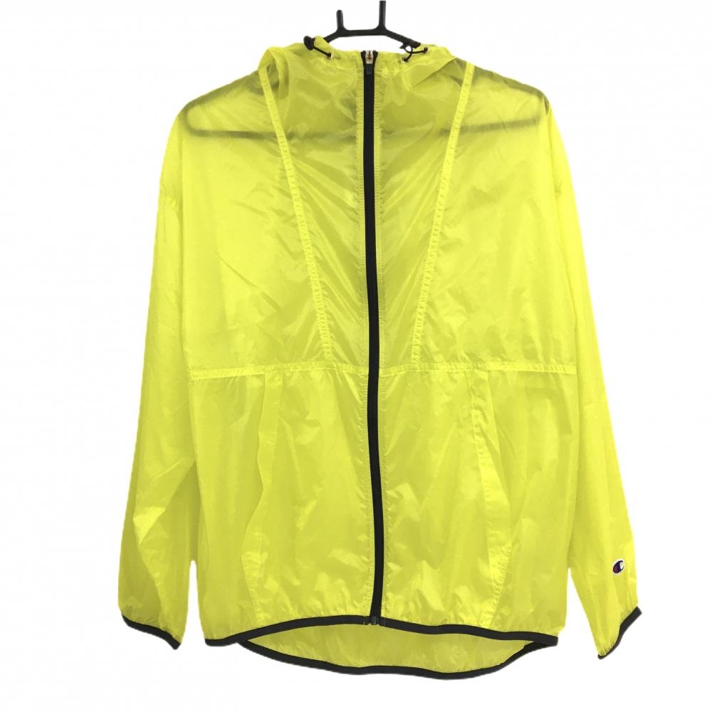 【美品】チャンピオン ジップパーカー イエロー×ダークグレー シースルー フードロゴプリント メンズ L ゴルフウェア Champion