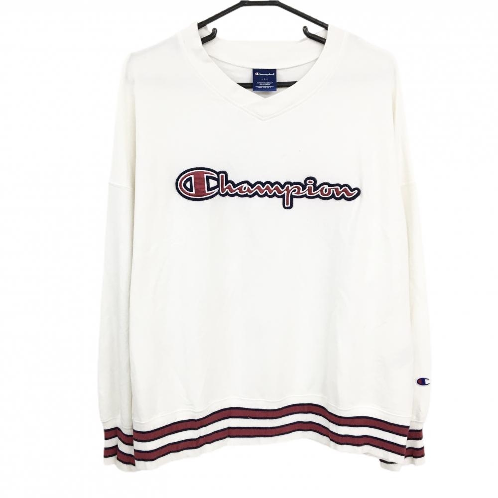チャンピオン トレーナー 白×ネイビー ロゴワッペン 薄手  メンズ L ゴルフウェア Champion