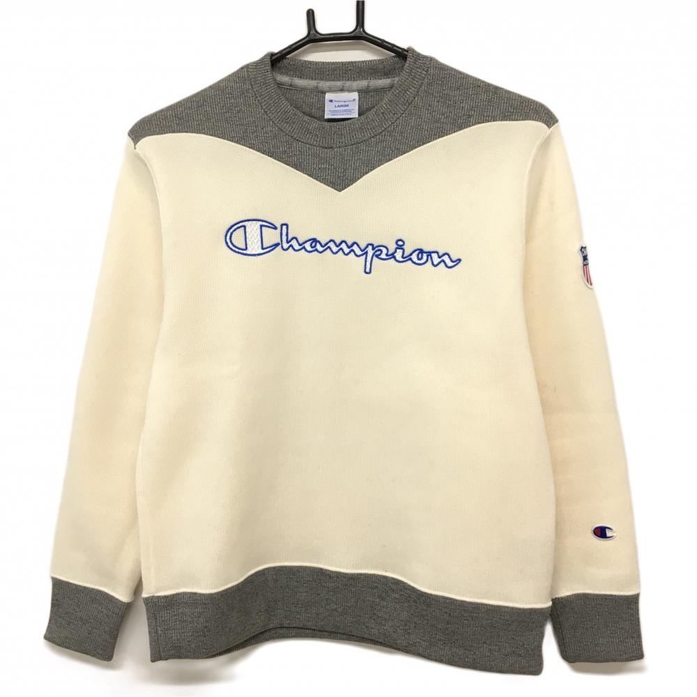 【美品】チャンピオン セーター アイボリー×グレー ロゴ刺しゅう 裏起毛 ニット  レディース LARGE ゴルフウェア Champion