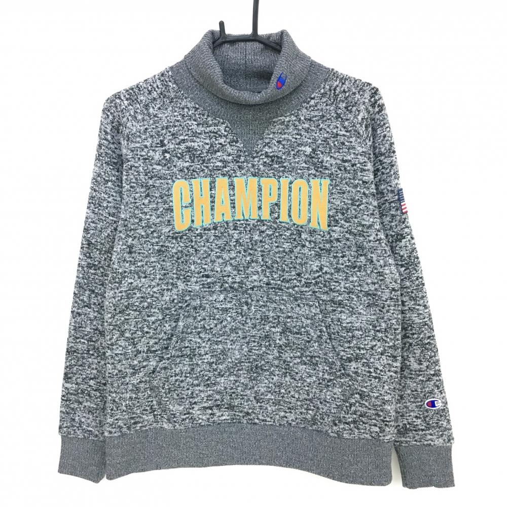 【超美品】チャンピオン タートルネックセーター 杢黒調×グレー ネックロゴ 裏起毛 星条旗ワッペン レディース L ゴルフウェア Champion
