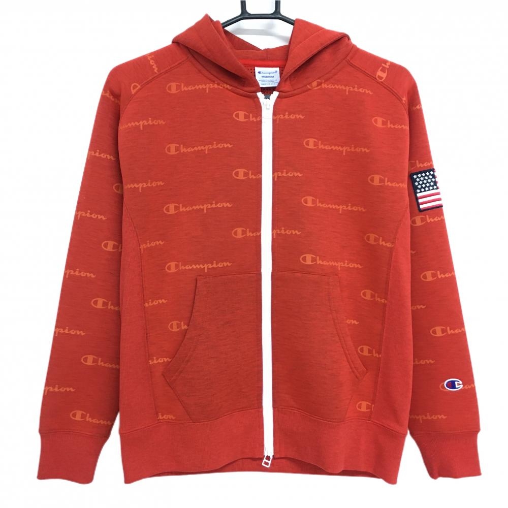 【超美品】チャンピオン ジップパーカー オレンジ ロゴ総柄 星条旗 ジャケット レディース MEDIUM ゴルフウェア Champion
