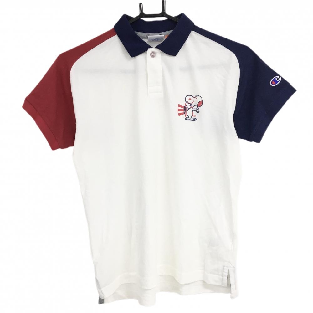チャンピオン×ビームスゴルフ 半袖ポロシャツ 白×ネイビー スヌーピープリント PEANUTS  レディース XXSMALL ゴルフウェア Champion
