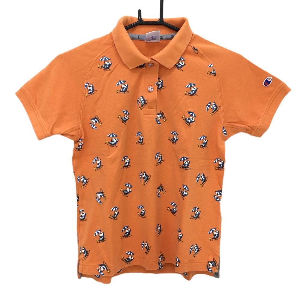 チャンピオン×ビームスゴルフ 半袖ポロシャツ オレンジ×ブルー 身頃スヌーピー総柄  レディース MEDIUM ゴルフウェア Champion