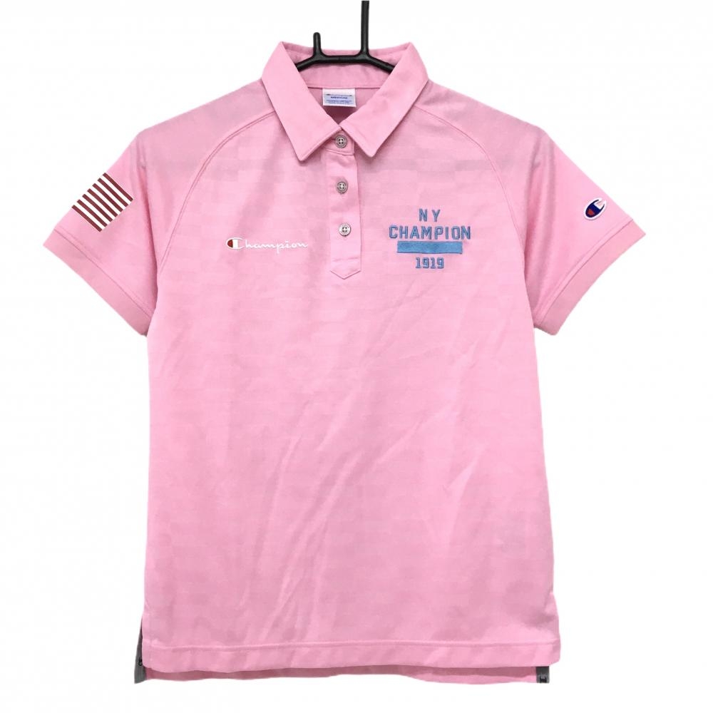 【超美品】チャンピオン 半袖ポロシャツ ピンク 長方形地模様 ロゴ  レディース MEDIUM ゴルフウェア Champion