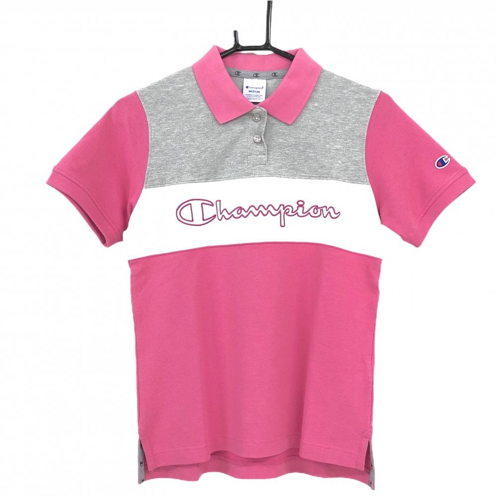 【新品】チャンピオン 半袖ポロシャツ ピンク×杢グレー×白 フロントロゴ刺しゅう レディース MEDIUM ゴルフウェア Champion