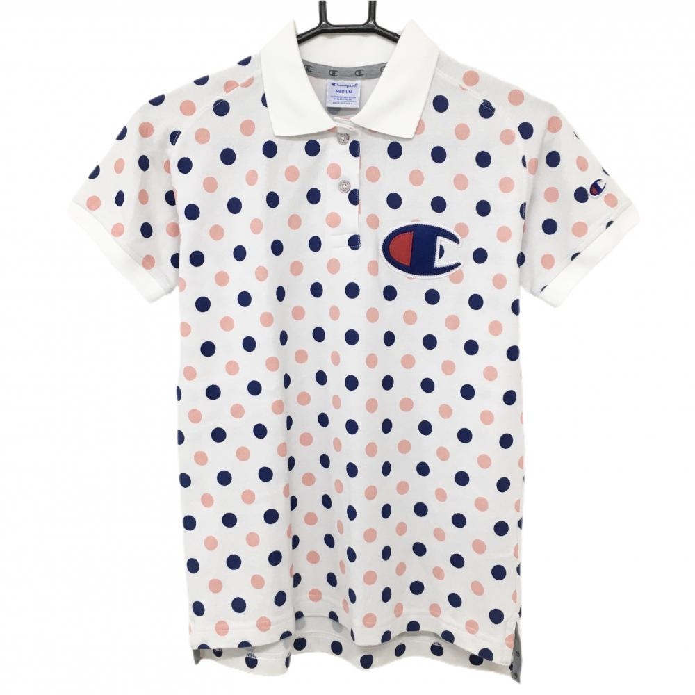 【美品】チャンピオン 半袖ポロシャツ 白×ネイビー×ライトピンク ドット 胸ロゴ レディース MEDIUM ゴルフウェア Champion