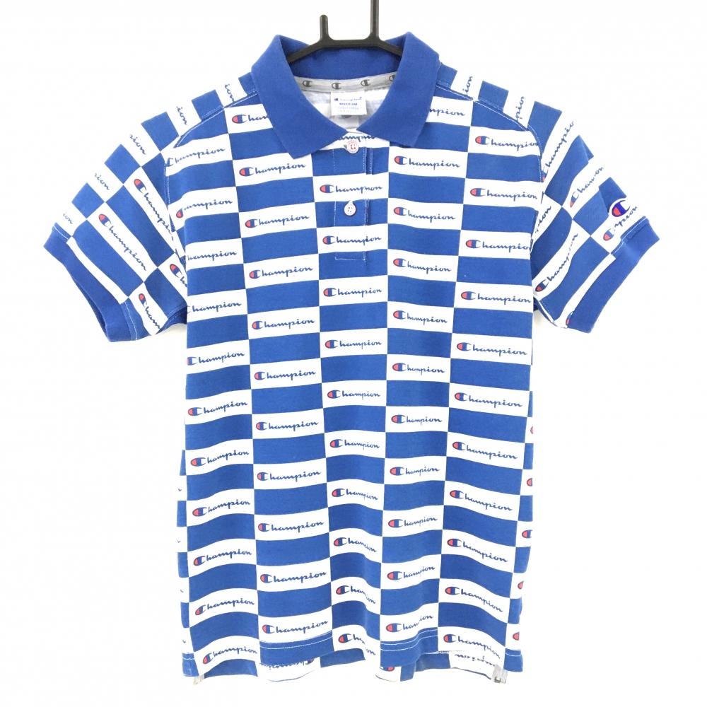チャンピオン 半袖ポロシャツ 白×ブルー系 総柄 チェック風  レディース MEDIUM ゴルフウェア Champion
