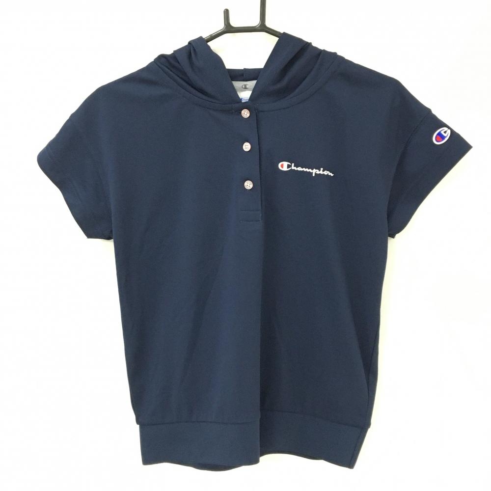 【超美品】チャンピオン フード付き半袖ポロシャツ ネイビー×白  レディース MEDIUM ゴルフウェア Champion