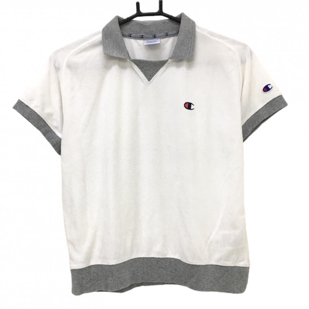 チャンピオン 襟付き半袖シャツ 白×グレー パイル地 袖ワッペン  レディース MEDIUM ゴルフウェア Champion