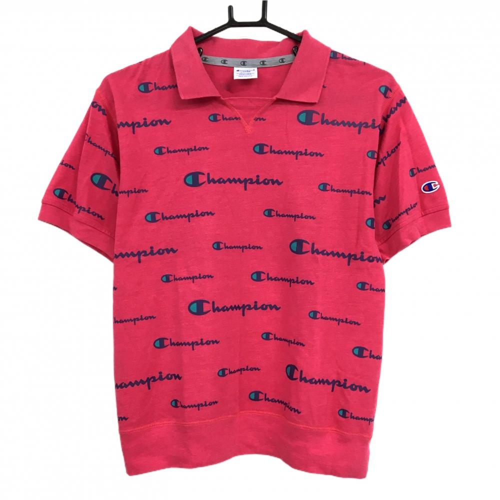 【美品】チャンピオン 半袖スキッパーシャツ ピンク×ネイビー ロゴ総柄  レディース LARGE ゴルフウェア Champion