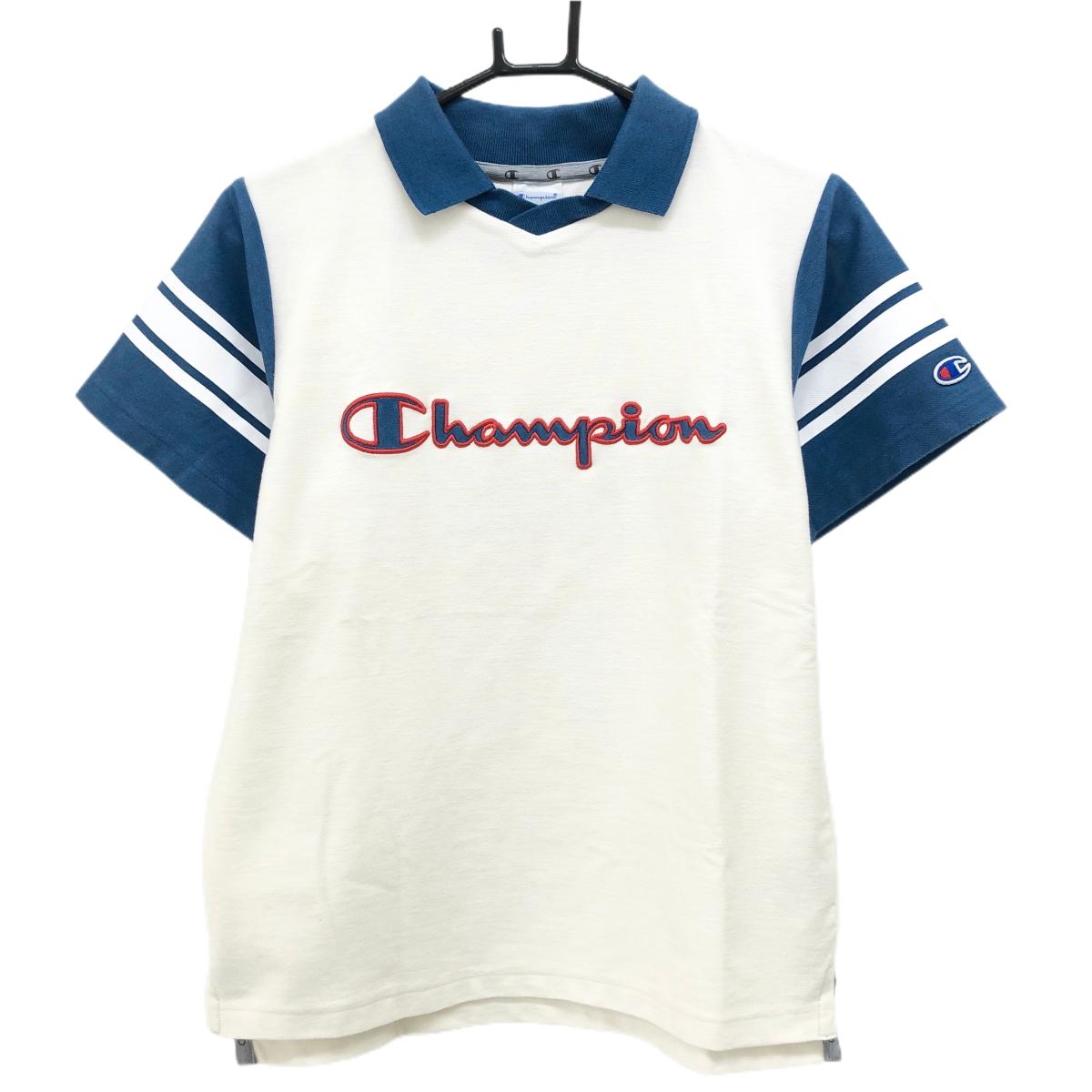 チャンピオン 襟付き半袖シャツ 白×ブルー フロントロゴ 袖ライ レディース LARGE ゴルフウェア Champion