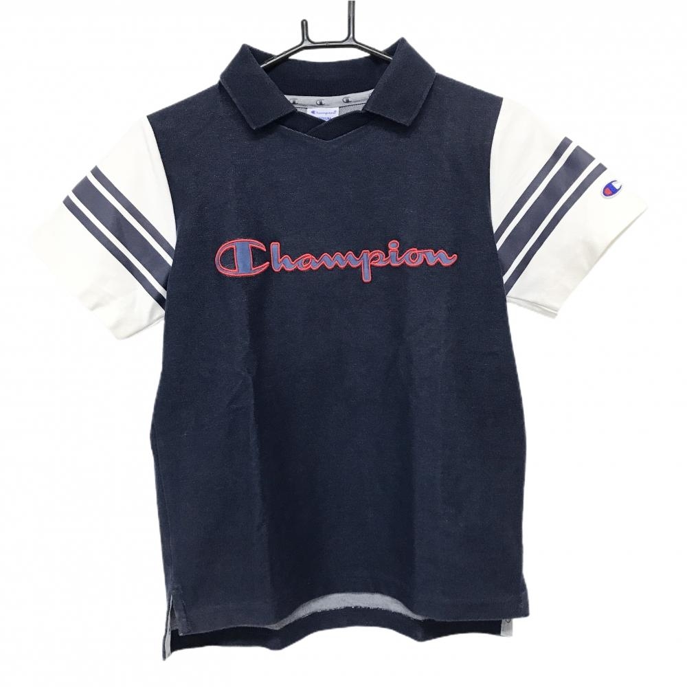 チャンピオン 襟付き半袖シャツ ネイビー×白 身頃デニム風 ロゴ レディース MEDIUM ゴルフウェア Champion