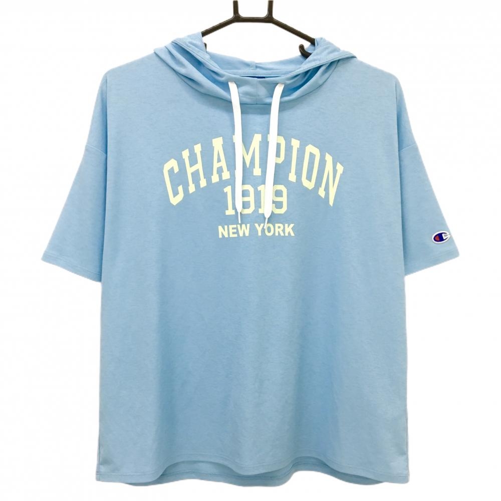 【超美品】チャンピオン フード付半袖シャツ ライトブルー ロゴプリント レディース L ゴルフウェア Champion