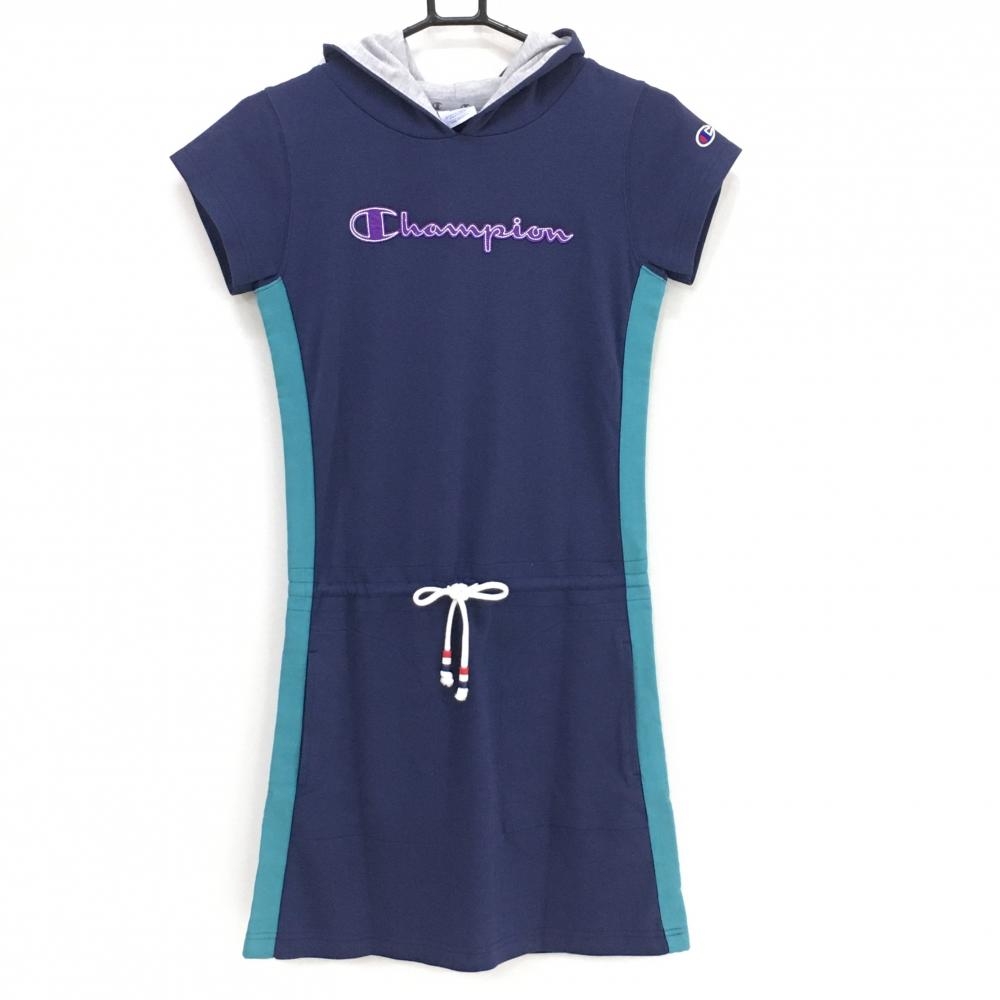【超美品】チャンピオン フード付き半袖ワンピース ネイビー×ブルーグリーン×パープル レディース SMALL ゴルフウェア Champion