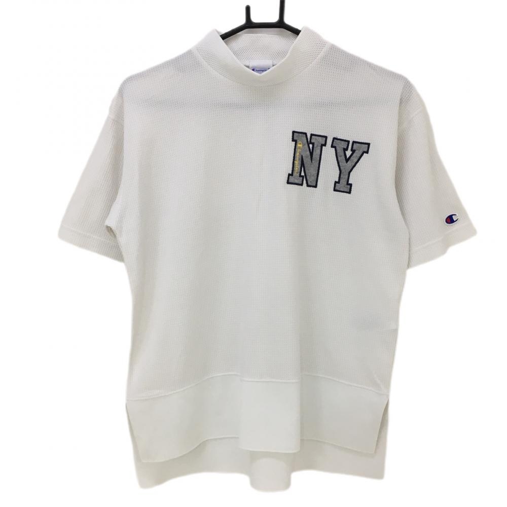 【超美品】チャンピオン 半袖ハイネックシャツ 白×グレー ワッフル地 レディース LARGE ゴルフウェア Champion