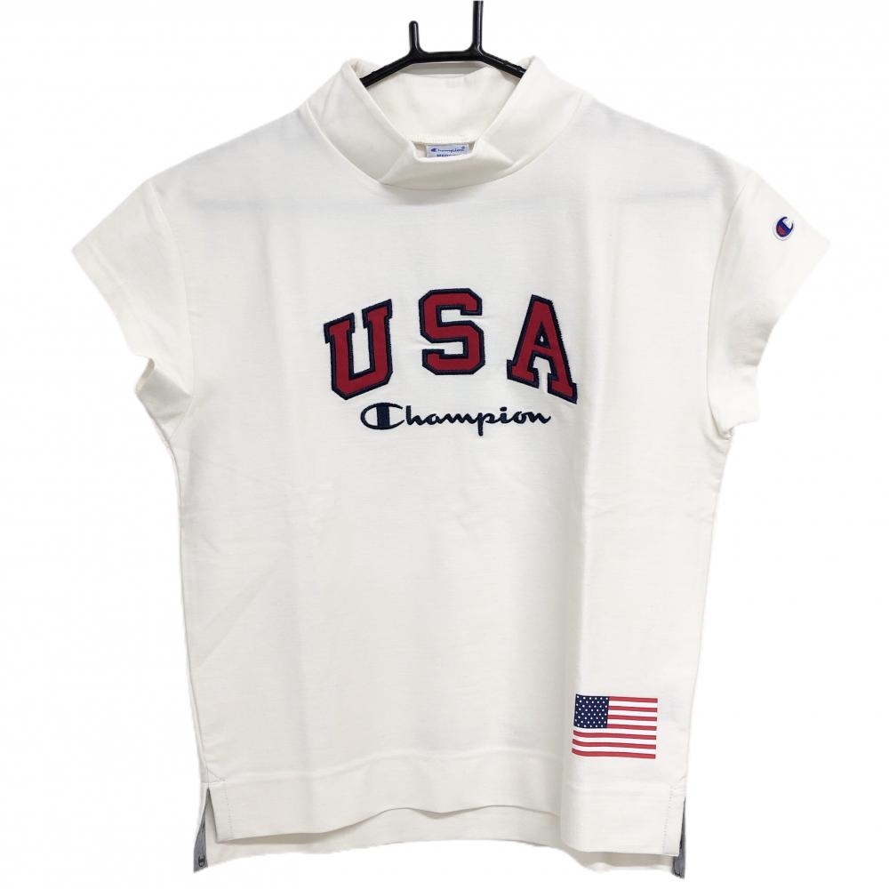 【新品】チャンピオン 半袖ハイネックシャツ 白 USA 国旗  レディース M ゴルフウェア Champion