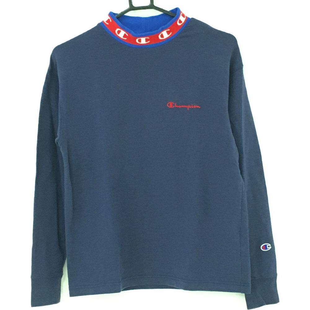 【美品】チャンピオン 長袖ハイネックシャツ ネイビー×レッド ネックロゴ 裏微起毛 レディース LARGE ゴルフウェア Champion
