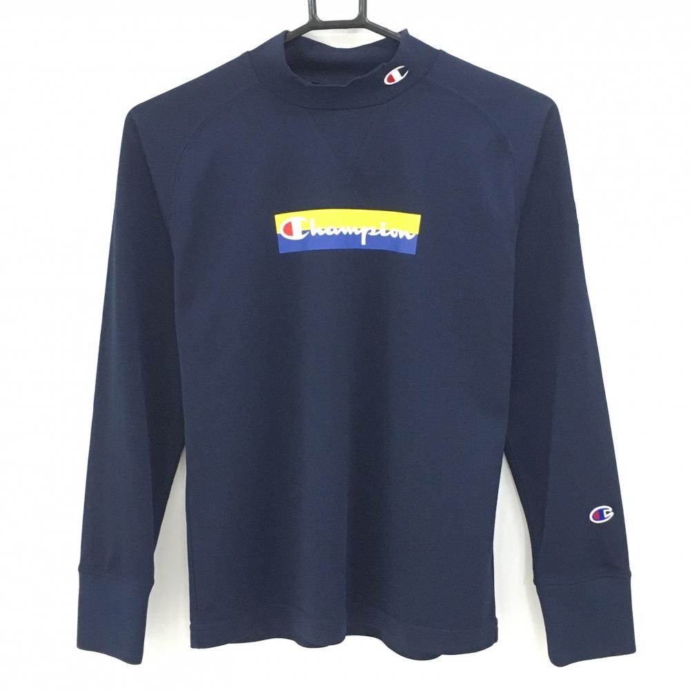 【超美品】チャンピオン 長袖ハイネックシャツ ネイビー フロントロゴプリント レディース MEDIUM ゴルフウェア Champion
