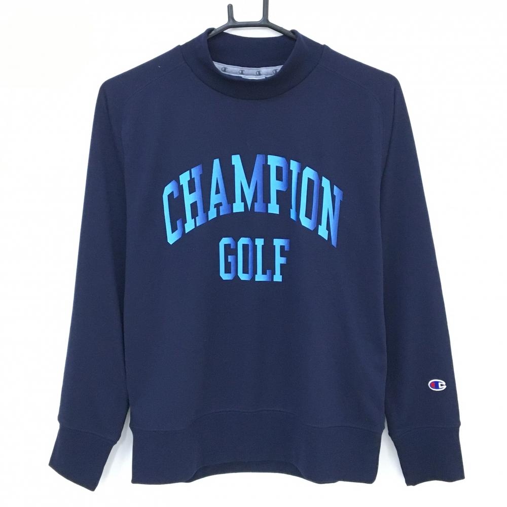 【超美品】チャンピオン 長袖ハイネックシャツ ネイビー×ライトブルー ロゴプリント 袖ワッペン レディース LARGE ゴルフウェア Champion