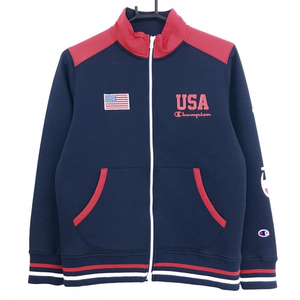 【美品】チャンピオン ジャケットブルゾン ネイビー×レッド ダブルジップ USA レディース L ゴルフウェア Champion