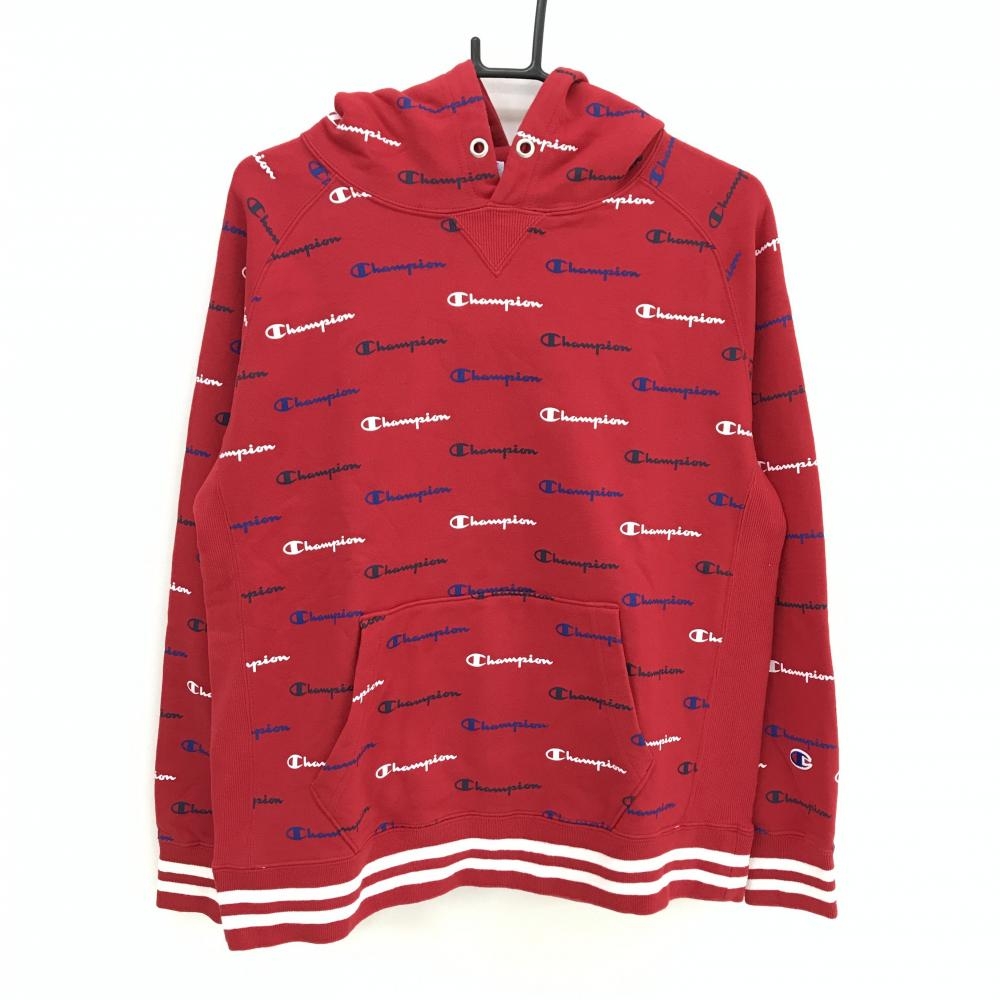 【美品】チャンピオン パーカー レッド×白 ロゴ総柄  レディース MEDIUM ゴルフウェア Champion